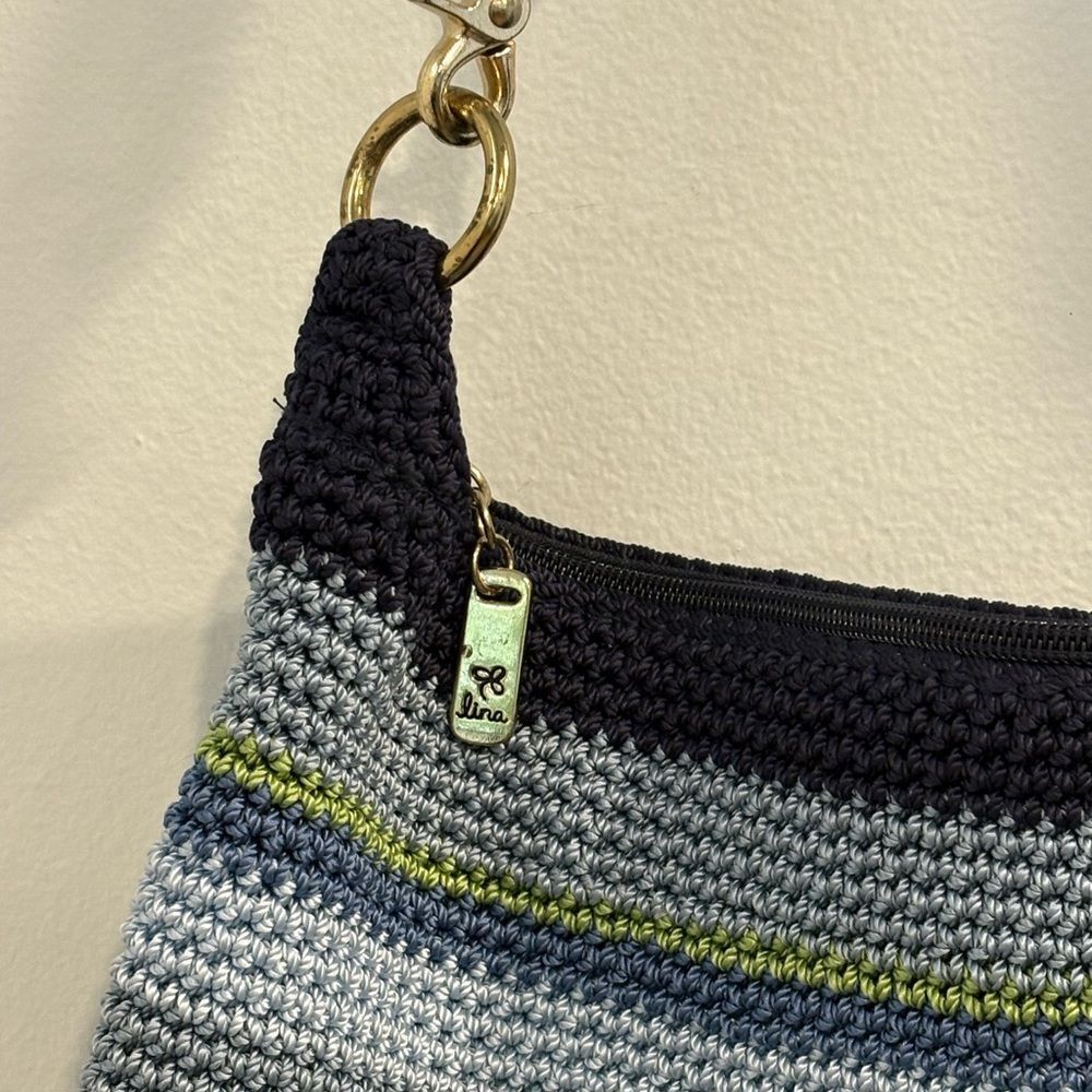 Lina Striped Crochet Shoulder Bag in Navy Blue, Gray and Green - Picture 13 of 16